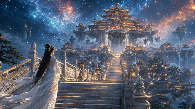 宇宙星云悬浮天宫秘境，星穹之上的东方仙宫，史诗级中式仙侠美学场景，极繁主义细节，极致纵深空间深邃感，兼具恢弘仙气与空灵孤寂感，低角度纵深构图，以石质天阶与悬浮主殿为引导线，强化从近景女子到远景星云的多层级空间延伸感，打造天阶通星穹的史诗透视效果，画面近景的石质天阶上，身着素白古装的女子凭栏而立，长发垂落，衣袂随风轻扬，目光望向天阶尽头的主殿，天阶两侧的白玉栏杆纹理细腻，尽显天宫的圣洁庄严，画面中央的巨型悬浮主殿悬于星穹之上，飞檐翘角，灯火通明，下方的古建群鳞次栉比，树木掩映间万家灯火，尽显天宫盛景，深邃的宇宙天际，蓝橙双色星云翻涌，星光璀璨，冷调星云与天宫暖光交相辉映，通过天阶的引导、建筑的悬浮层次、光影的冷暖对比，极致放大场景的宇宙级恢弘感与浪漫氛围，主殿的飞檐斗拱、雕花窗棂、古建群的层叠结构、石质天阶的纹理与雕刻，细节可放大赏析，星云的色彩层次与流动效果、星光的闪烁质感、古装女子的衣袂褶皱与发丝动态、树木的枝叶层次，微观层次饱满，近实远虚、冷暖交织，近景天阶与人物在柔光下细节清晰，中景天宫灯火暖黄明亮，远景星云泛着冷调柔光，通过明暗对比与虚实渐变强化宇宙仙侠感，整体光影层次丰富，氛围感拉满，建筑的木质与石材质感、天阶的温润石材质感、星云的朦胧流动感、衣料的轻盈飘逸感，8K超写实渲染，极致细节质感，中式仙侠美学，宇宙史诗，极繁主义构图，秩序井然的元素堆叠，通过纵深空间与光影打造极致恢弘浪漫感，UE5渲染，8K超清，电影级调色，景深效果，HDR，禁止西方建筑元素、现代科技、畸形结构、模糊纹理、杂乱色彩、过曝/死黑区域，禁止人物出现畸形肢体，禁止破坏空间纵深感的平面化构图