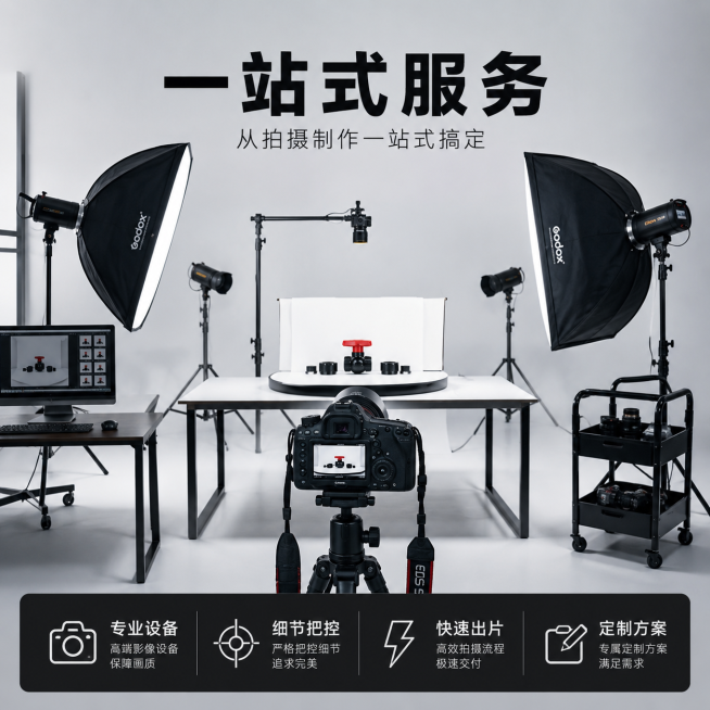 「图片1」，生成一套宣传图3张），商品名称天启广告淘宝详情产品拍摄，重点是突出我们专业，拍摄制作一战式服务，风格是简约大气，适配淘宝/天猫平台，主图比例为1:1预览效果