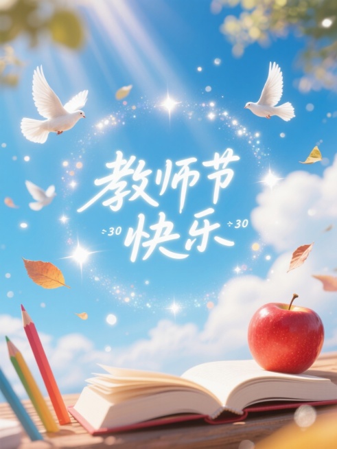 中央是手写花体字“教师节快乐”，周围环绕着飞翔的白鸽、打开的书本、红色苹果、彩色铅笔和飘落的叶子，背景为蓝天白云，整体风格清新明亮预览效果
