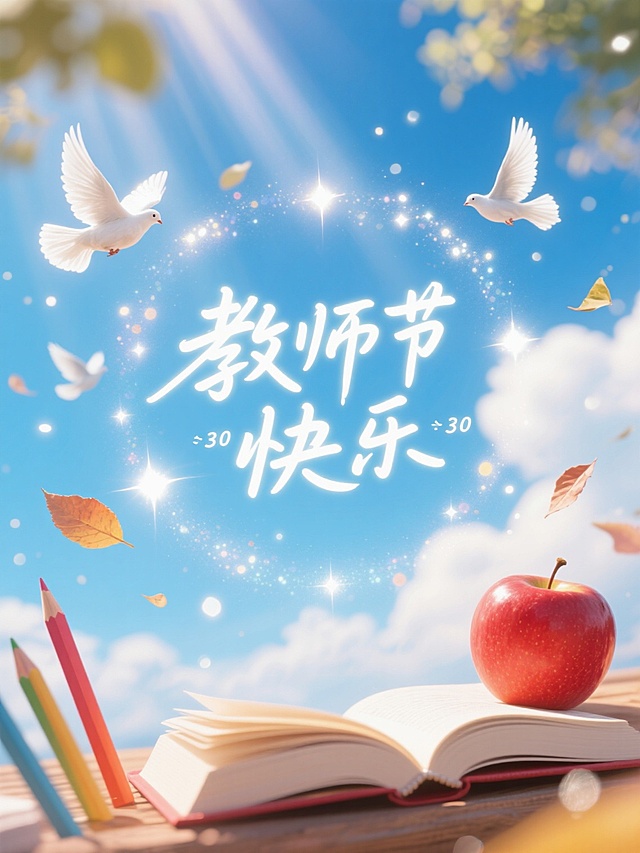 清新水彩风插画，大字设计闪耀梦幻光芒，文艺感教师节祝福。