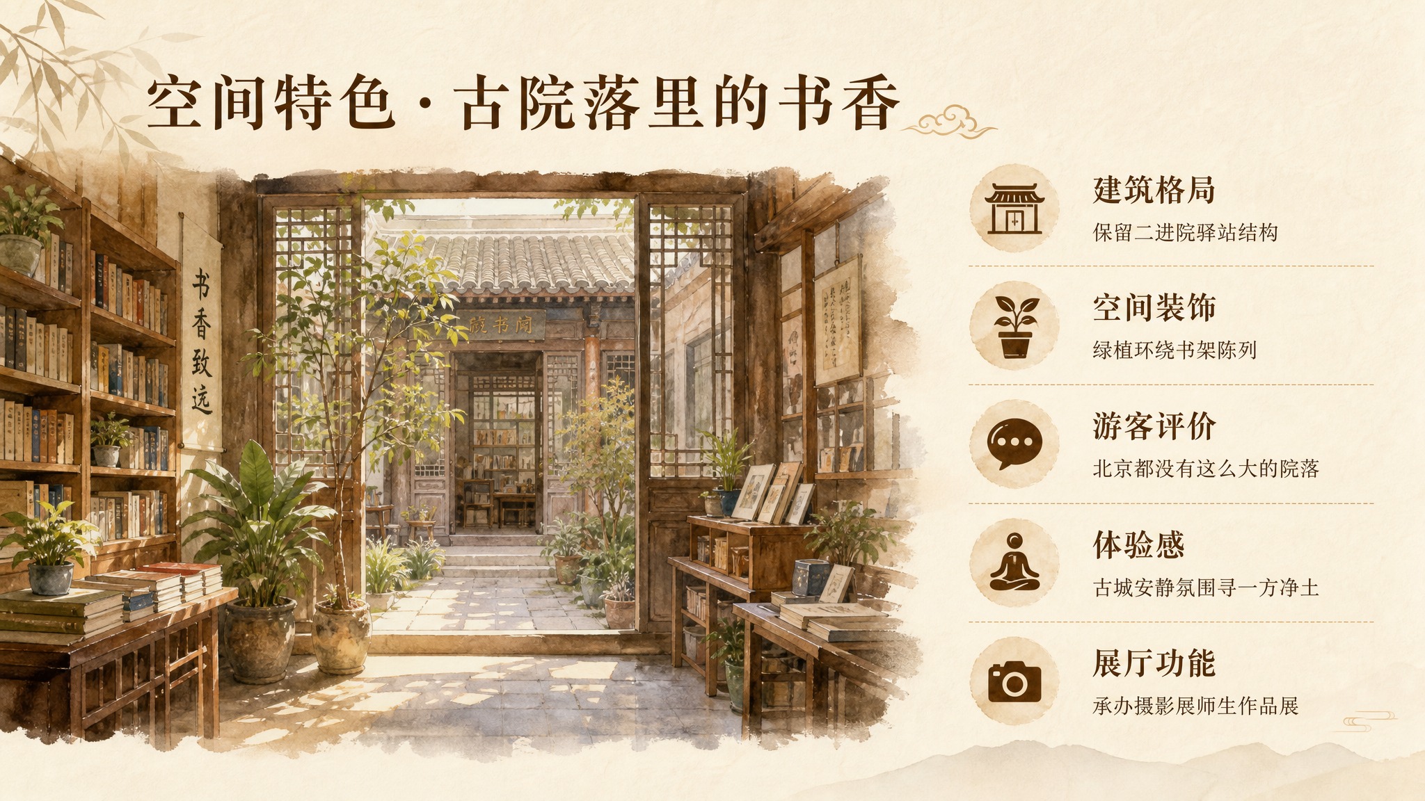 PPT空间特色页，文艺书香风格，暖米白底色，标题"空间特色·古… - 图片创意预览
