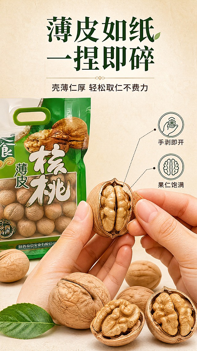 [商品] 使用【图2】秦食薄皮核桃袋装与核桃实物；保留包装外观特征；重点展示核桃薄壳与果仁，核桃外壳纹理清晰，果仁饱满浅棕色。
[画面] 目标：薄皮易剥质地特写，突出手剥即开的核心卖点。构图：中部主体为一只手正在剥开核桃的动作瞬间（动作瞬间型），旁边摆放完整核桃、半开核桃、完整核桃仁，形成对比。左侧袋装产品部分露出。背景：浅米白纯色底，突出核桃质感。核桃与手部动作占画面约60%。阅读动线：从中心动作向四周扩散。
[视觉] 套系策略：风格=传统特产风商业摄影；标题字=书法宋体粗体；正文字=简洁黑体；主色=翠绿色；背景延展=浅米白暖调、细腻纸质纹理；强调色=深棕色；标题色=深绿色；正文色=深棕色；组件=圆形卖点图标、细线引线；光影=顶部柔光，突出核桃外壳纹理与果仁油润光泽。
[文字] 顶部主标题「薄皮如纸 一捏即碎」，副标题「壳薄仁厚 轻松取仁不费力」；画面右侧2个卖点标签：「手剥即开」「果仁饱满」；文字不遮挡手部剥核桃的核心动作。
[规格] 图片比例9:16竖版，4K分辨率，medium质量；避免变形、错字、文字过小、核桃颜色失真、手部动作不自然。