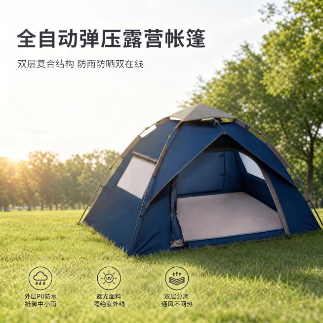 将帐篷放中间一点，同时让帐篷与背景融合更真实，帐篷样子不变，其它也不变预览效果