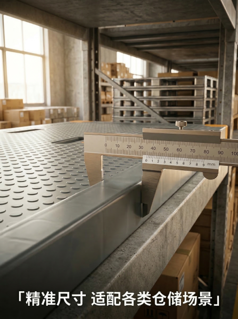 重新生成3:4比例的工业产品海报，真实仓库实景背景，灰色带圆孔的手推车车板平放，金属游标卡尺精准放置在车板边缘测量厚度，清晰呈现45mm厚度尺寸，侧面暖阳光增强立体感，凸显卡尺金属光泽与车板平整扎实质预览效果