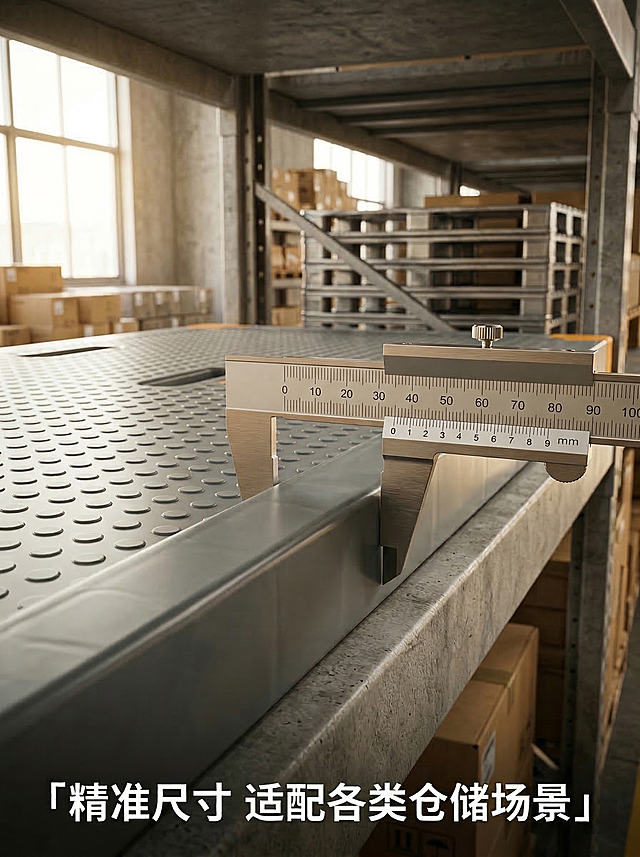重新生成3:4比例的工业产品海报，真实仓库实景背景，灰色带圆孔的手推车车板平放，金属游标卡尺精准放置在车板边缘测量厚度，清晰呈现45mm厚度尺寸，侧面暖阳光增强立体感，凸显卡尺金属光泽与车板平整扎实质感，底部添加文字「精准尺寸 适配各类仓储场景」，整体风格硬朗商务，质感厚重，符合工业产品电商宣传调性