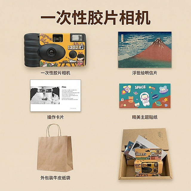 这款产品是一次性胶片相机礼盒款，礼盒里面所有的产品不能改变，换个背景，添加【一次性胶片相机】文字