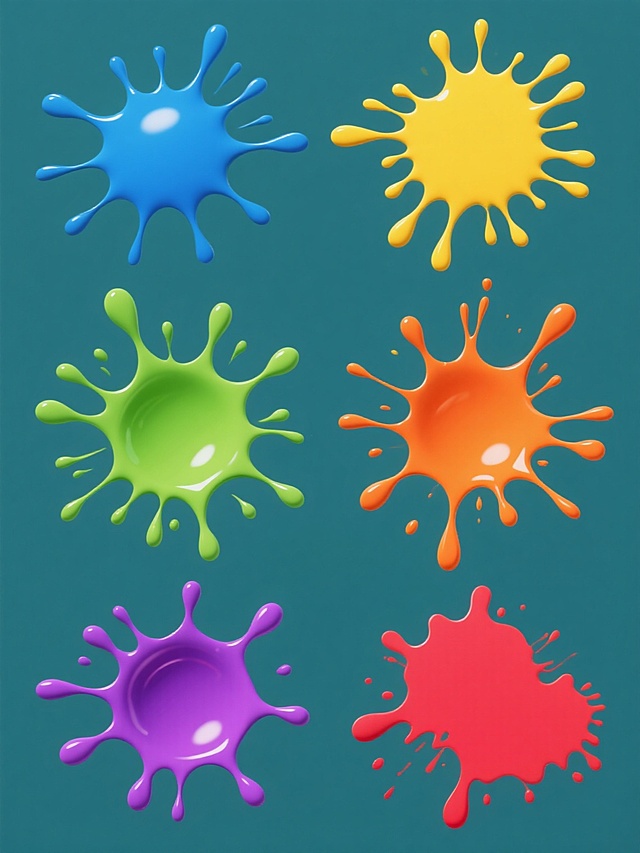 六个不同造型的抽象泼墨元素组成的系列素材集合，每个泼墨形态各异，分别呈现为飞溅状、扩散状、滴落状、喷溅状、泼洒状和浸染状，均采用高饱和度的不同色彩（包括但不限于蓝色、黄色、绿色、橙色、紫色、红色），保持简洁的纯色背景，整体风格统一为数字艺术感的平滑笔触，无任何文字，元素在画面中规整排布，形成和谐的视觉节奏