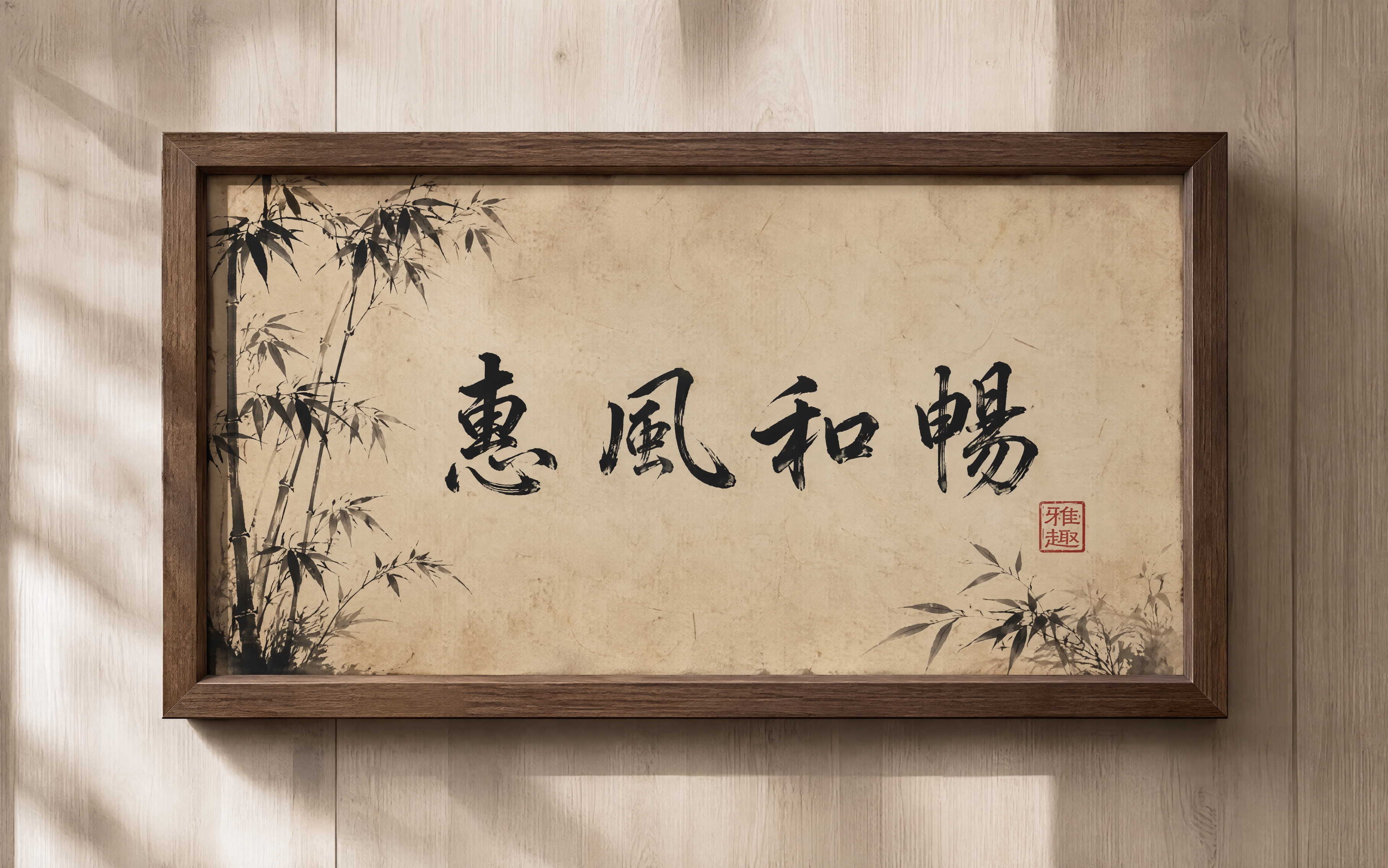 一幅挂在浅色木墙上的装饰画，深棕色实木画框，木纹清晰有质感。画… - 图片创意预览