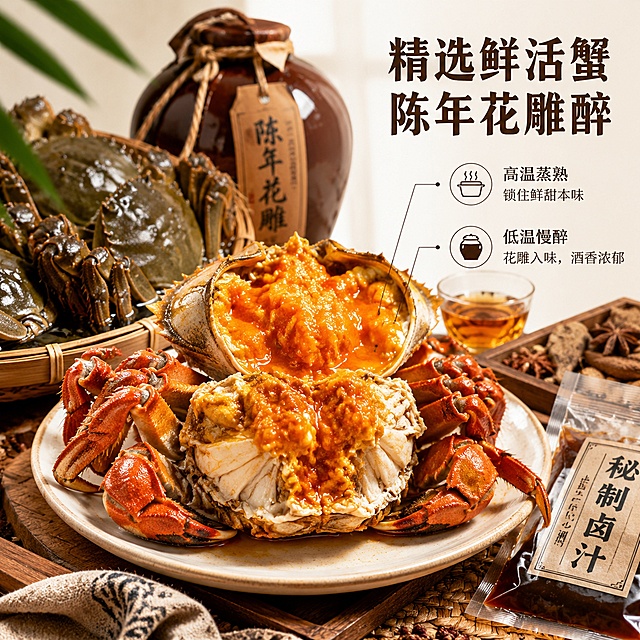 [主图-2] 慕拾光花雕蟹工艺核心亮点展示图。
[氛围风格] 食材真实溯源风格，突出新鲜与品质感；
[画质] 商业美食摄影质感，光线柔和通透，产品清晰真实，画面干净高级。
[元素] 主体是切开半只花雕蟹，展示饱满绵密爆膏的蟹黄与紧实鲜甜的蟹肉，蟹肉纹理清晰，油润有光泽，周围摆放鲜活清水大闸蟹原料、陈年花雕酒坛、秘制卤汁料包，展示制作原料。保持切开花雕蟹质感颜色与原图产品一致，杜绝变形色差，精细化处理。主体占比约65%，画面层次分明。
[光影] 自然逆光打透蟹肉蟹黄，凸显油脂光泽和通透质感，整体暖调光影柔和，突出食材新鲜度。
[配色] 主色蟹肉米白+蟹黄橙黄，辅助色花雕酒棕黄，整体自然鲜活配色。
[视角构图] 俯视45度角，主体蟹黄切面正对镜头，景深较浅突出细节，布局清晰不拥挤。
[文字版式] 右上负空间放置主标题「精选鲜活蟹 陈年花雕醉」，深棕粗体大字，下方分点用引线标注核心工艺：「高温蒸熟」「低温慢醉」，文字细黑清晰不遮挡主体，整体干净清爽。
[输出要求] 1:1 比例，文字清晰锐利，超高清商业美食摄影质感，宽度2048px，高度2048px。
[负向提示词] 变形，文字错乱，产品图模糊，背景杂乱，水印，电商平台Logo，绝对化违禁词。