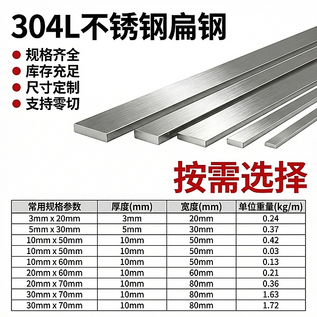 基于304L不锈钢扁钢原图，制作淘宝规格对比图，横向展示不同厚度、宽度的扁钢实物对比，搭配清晰的尺寸标注表格，标注常用规格参数，文字突出"按需选择"，背景简洁明了