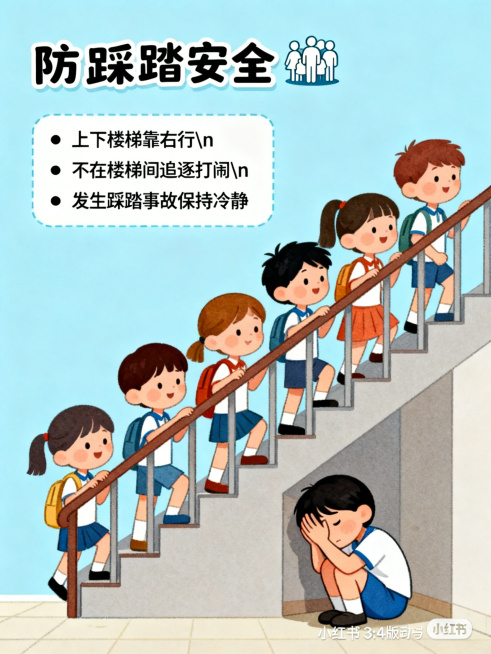 小红书3:4竖版宣传图，防踩踏安全主题，浅蓝色背景。顶部标题"防踩踏安全"配人群图标。左侧文字框内容："• 上下楼梯靠右行\n• 不在楼梯间追逐打闹\n• 发生踩踏事故保持冷静"。右侧插画为小学生们有预览效果