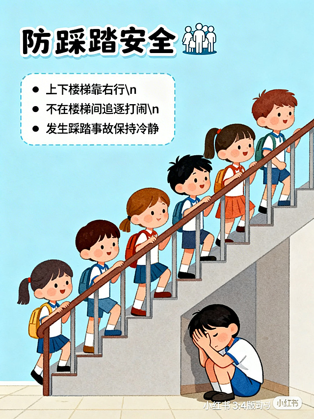小红书3:4竖版宣传图，防踩踏安全主题，浅蓝色背景。顶部标题"防踩踏安全"配人群图标。左侧文字框内容："• 上下楼梯靠右行\n• 不在楼梯间追逐打闹\n• 发生踩踏事故保持冷静"。右侧插画为小学生们有序上下楼梯，一名学生抱头蜷缩在安全角落，风格扁平温馨，强调秩序与自我保护，适合教师课件推广