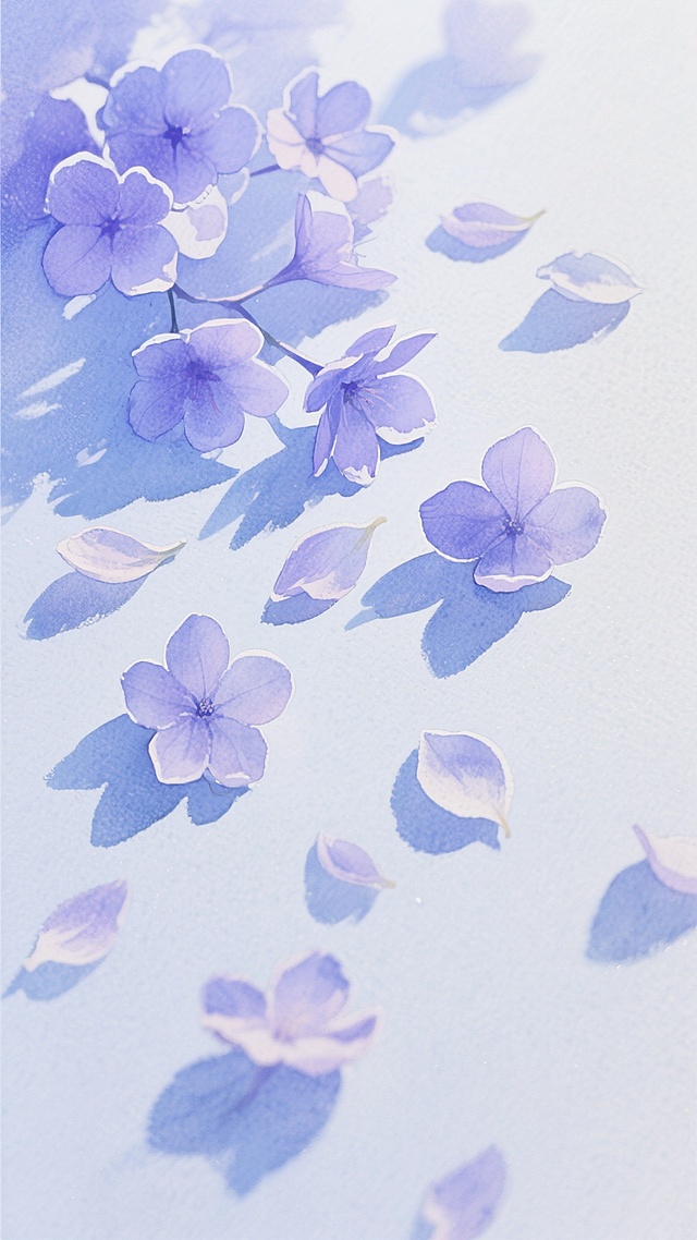 水彩风格插画，以清新的蓝紫色调为主，描绘散落的花瓣和花朵，花瓣边缘柔和晕染，带有半透明的水彩质感，整体构图呈现自然的散落状态，色彩过渡自然，营造出轻盈梦幻的氛围，画面简洁干净，无文字和多余元素。