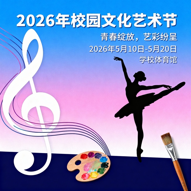 为学校“2026年校园文化艺术节”设计宣传海报，主题为“青春绽放，艺彩纷呈”，风格要求为“活力动感、色彩明快、现代简约风”，需包含活动名称、举办时间（2026年5月10日-5月20日）、举办地点（学校预览效果