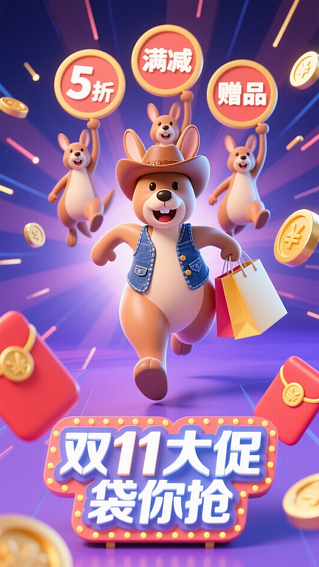 明亮、欢快的商业促销风格，适合双十一购物宣传的插画
