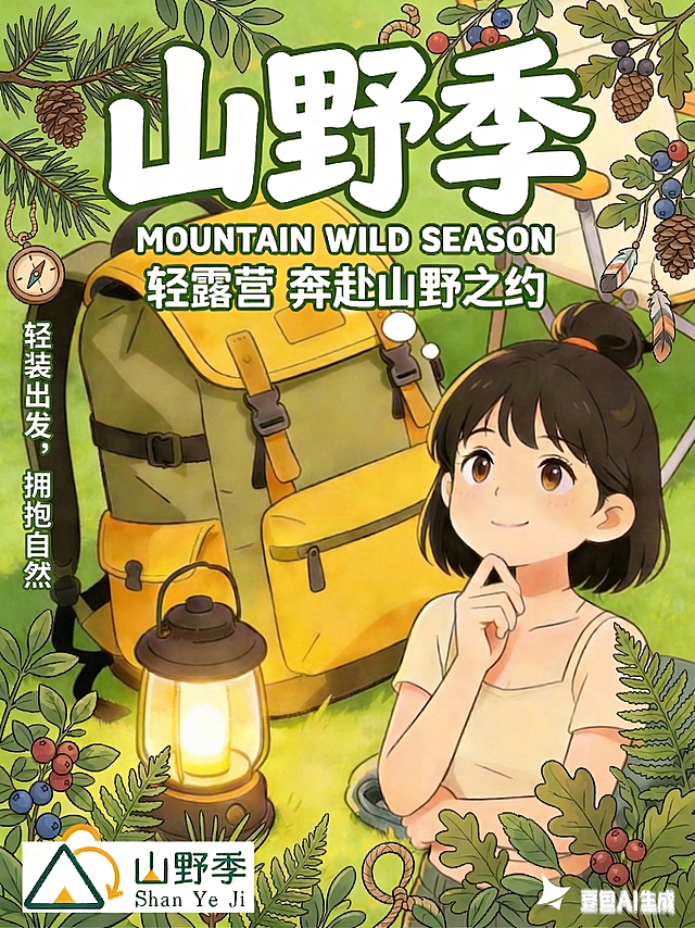 在这张海报的画面左侧增加小字，突出轻露营背包的主题，小字颜色和标题文字颜色一致，小字的大小参考第二张示例图，保持海报原有其他内容和整体风格不变