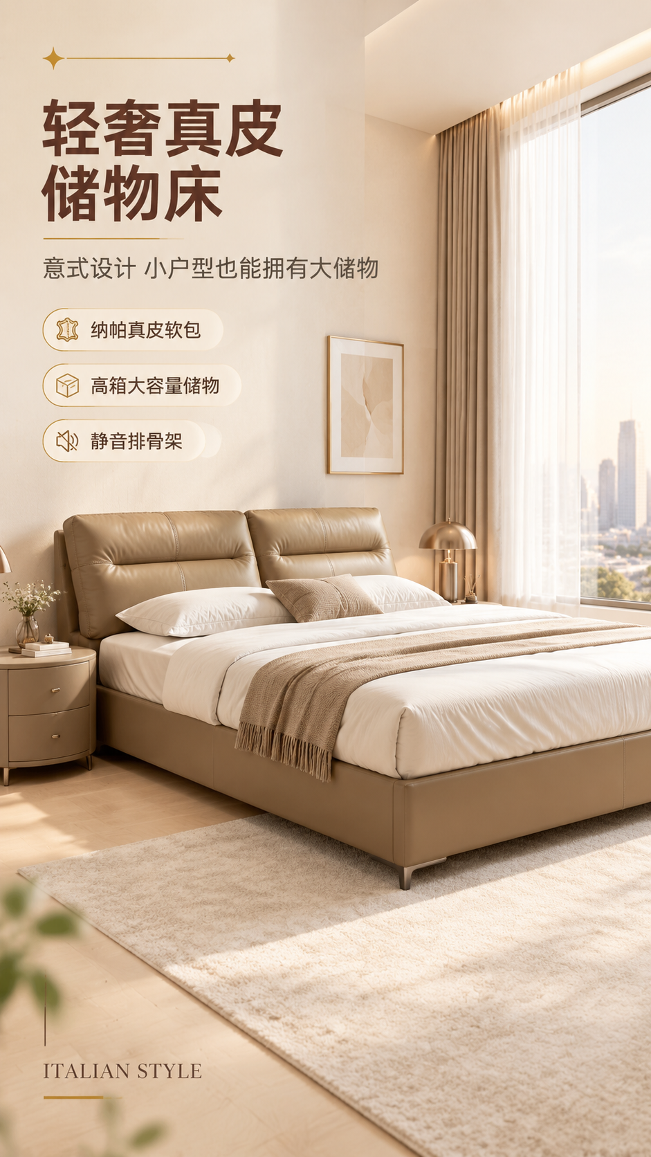 [商品] 使用【图1】意式轻奢真皮储物床；保留床头双块软包造型… - 图片创意预览