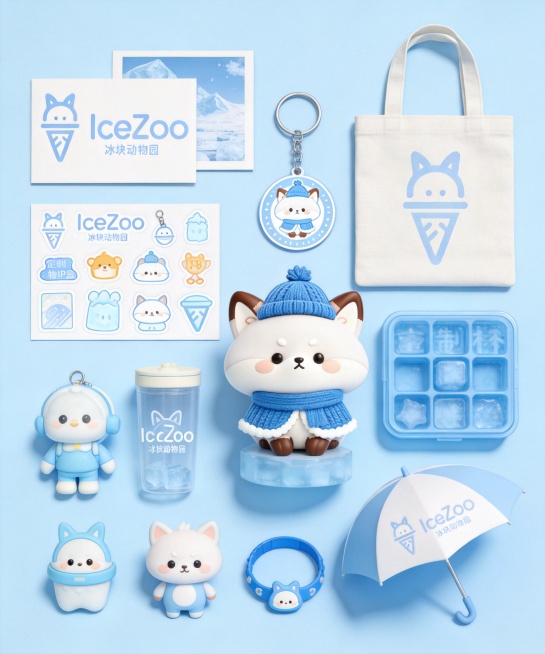 将品牌logo“IceZoo冰块动物园”和3D卡通狐狸IP形象，融合设计到周边物料上，包含：IP形象贴纸、明信片、钥匙扣、帆布包、动物IP盲盒、立体公仔、定制水杯、冰格、遮阳伞、儿童卡通手环、小玩偶，预览效果