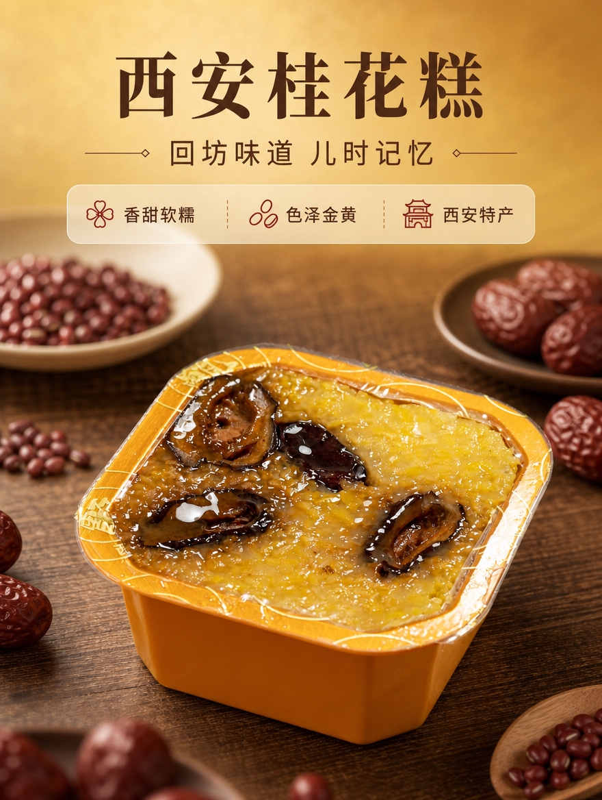 [商品] 使用【图2】方盒装西安桂花糕实物图；保留方盒橙黄色包… - 图片创意预览