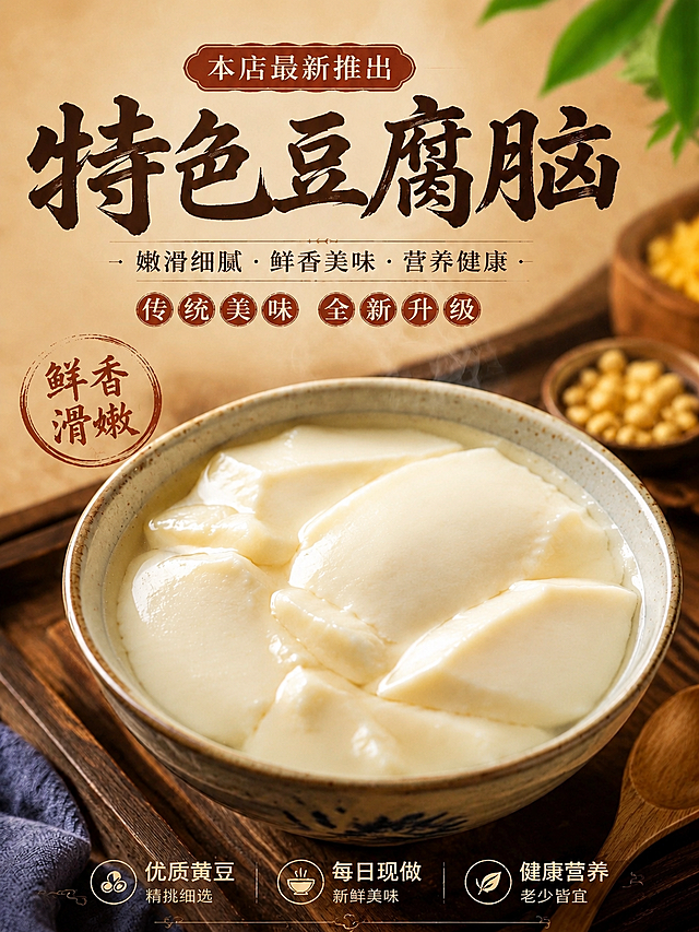 保持这张特色豆腐脑海报的所有文案、背景、碗、餐具和构图不变，只替换碗里的豆腐脑，换成另一张图片里的原味块状豆腐脑，保持整体风格协调一致