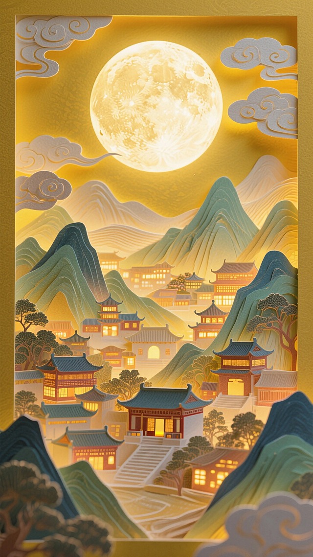一轮巨大的圆月为占据画面中心的特写，底部以工笔风格呈现出全景的山峦叠嶂间呈现古今建筑里万家灯火渐变温暖的光影，祥云装饰，突显中秋节日氛围，黄色调基底