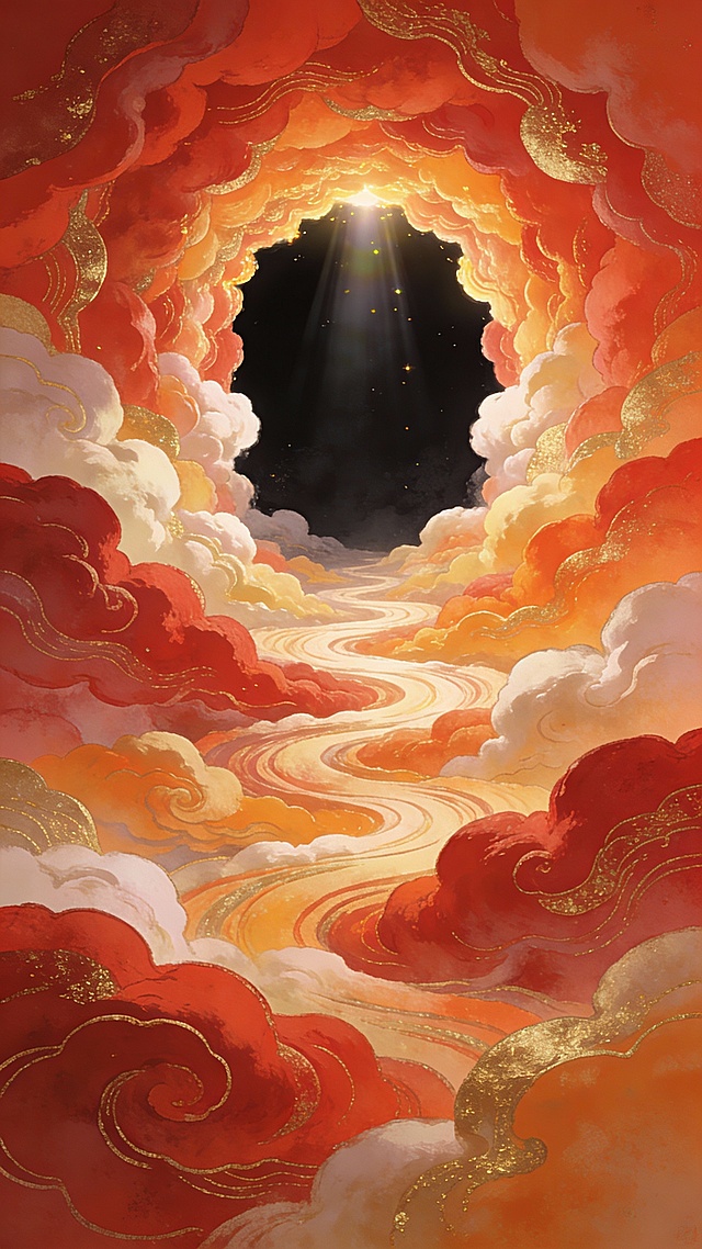 **大师之作，中国风奇幻插画，叶露盈、倪传婧风格**，传统神话与现代构图融合，描绘通往天界的超现实入口。
**核心构图：** 巨大的喜庆色螺旋云朵，由近及远盘旋而上，在画面上方中央形成一个通向纯黑背景的深邃云洞。
**视觉细节：** 云朵蓬松柔软如锦缎，呈现**朱红、鎏金与暖橘色**的瑰丽渐变。一道神圣柔和的顶光从云洞洒下，在云层边缘形成**璀璨的丁达尔光晕**。
**氛围与质量：** 整体为**喜庆热烈**的色调，充满希望与庆典感，画面**空灵神圣**。超高细节，8K分辨率，艺术站流行趋势。