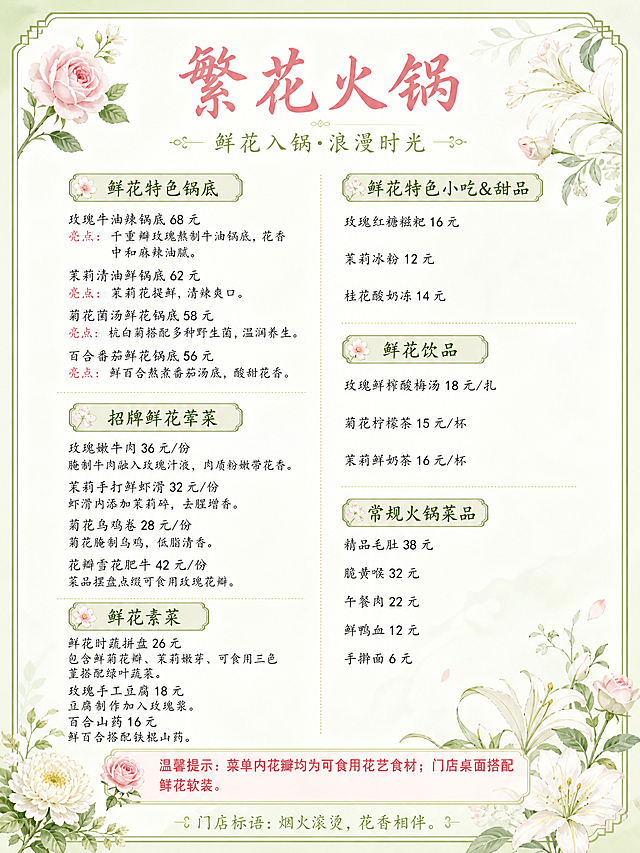 将这张繁花火锅菜单重新设计成清新雅致风格，保留所有文字内容和价格，整体更美观清晰，浅绿色背景搭配花艺元素点缀