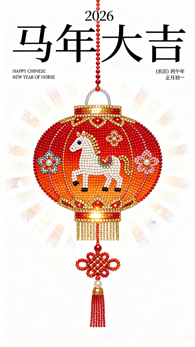 国潮风刺绣质感灯笼，重拟物设计融合浮雕纹理，喜庆红金配色彰显中式民族韵味，马年生肖元素传递新春祝福。