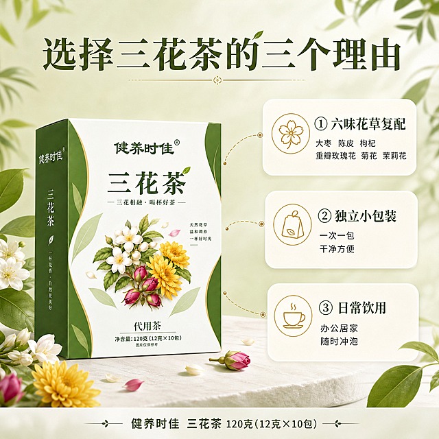 [主图-6] 三大核心理由卖点拆解 信息汇总型 帮助决策
[统一基调] 风格=清新自然轻中式商业摄影风；标题字=宋体衬线粗体；正文字=简洁无衬线体；主色=橄榄绿+米白；背景延展=基于橄榄绿和米白做深浅层级、同色渐变和细腻纸张/植物质感；强调色=暖金色，仅用于小面积图标、引线、标签和茶汤高光；标题色=深橄榄绿；正文色=中暖灰；组件=圆角浅底信息卡、细线引线、花叶装饰元素；光影=左前侧暖柔光，柔和自然阴影。
[画面] 使用【图1】健养时佳三花茶绿色包装盒，保留所有原貌；包装盒位于画面中心偏左，占画面约35%；右侧和上方用3条细线引线连接3个圆角信息卡，呈三角分布错落有致；信息卡内有对应小图标；背景为浅橄榄绿渐变+米白底部，有朦胧花叶装饰；整体信息层级清晰，3层以上视觉层次。
[光影质感] 影棚柔光，产品立体感强，信息卡有轻微投影，整体干净通透。
[配色] 主色橄榄绿+米白，信息卡为浅米色底，深橄榄绿文字，暖金色图标点缀，整体和谐统一。
[文字版式] 顶部主标题"选择三花茶的三个理由"；三个信息卡分别为：①"六味花草复配"+"大枣 陈皮 枸杞 重瓣玫瑰花 菊花 茉莉花" ②"独立小包装"+"一次一包 干净方便" ③"日常饮用"+"办公居家 随时冲泡"；底部一行小字"健养时佳 三花茶 120克(12克×10包)"；所有文字横向排版，字号保证手机端清晰可读。
[输出要求] 比例1:1，2K，文字清晰可读，信息层级分明；负向：变形、错字、模糊、杂乱、水印、平台Logo、功效词、医疗表述、产地信息、内包装展示、冷蓝/蓝灰背景、包装文字错乱。