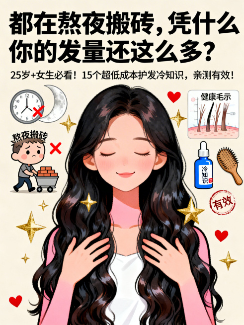 竖版3:4比例，卡通插画风格，手绘质感，可爱治愈，小红书风格科普海报。画面主体是25岁左右东亚女性，闭着眼睛面带温柔微笑，双手轻柔抚摸自己浓密乌黑有光泽的长卷发，发丝垂顺有层次感，人物肤色暖粉色，衣物预览效果