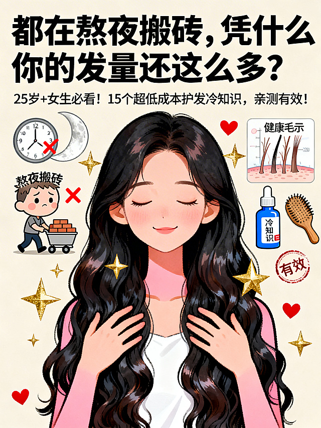 竖版3:4比例，卡通插画风格，手绘质感，可爱治愈，小红书风格科普海报。画面主体是25岁左右东亚女性，闭着眼睛面带温柔微笑，双手轻柔抚摸自己浓密乌黑有光泽的长卷发，发丝垂顺有层次感，人物肤色暖粉色，衣物纯白色。左侧是卡通化“熬夜搬砖”小人，表情疲惫、头发稀疏，推着装满砖块的小车，背景有凌晨3点的时钟和月亮，用红色叉号标注。右侧配有毛囊示意图（显示健康发根）、木质气垫梳、写有“冷知识”的药瓶和“有效”印章。整体浅米色底色，顶部大字“都在熬夜搬砖，凭什么你的发量还这么多？”，下方小字“25岁+女生必看！15个超低成本护发冷知识，亲测有效！”，字体为粗黑体。用金色星星、红色爱心点缀在人物头发和周围，蓝色药瓶标签，正面平视视角，左右元素对称分布