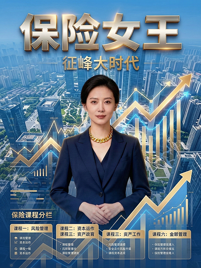 将背景更换为俯瞰高空的城市背景，主色调调整为天蓝色，保留上升折线元素，去除堆叠的书籍，保留原有主题标题和保险课程分栏，优化整体色彩层次