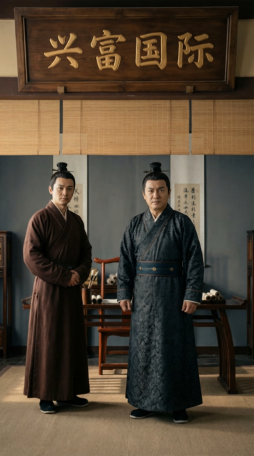 画面中的两位古装男子保持原地位置不变，两名古装男子同时缓慢转头，目光交汇对视一眼，神情从严肃变得意味深长。开始同步跳起夸张的扭胯舞。他们大幅度地左右晃动胯部，双手做出像骑马一样的搞笑手势，肩膀同步快速预览效果