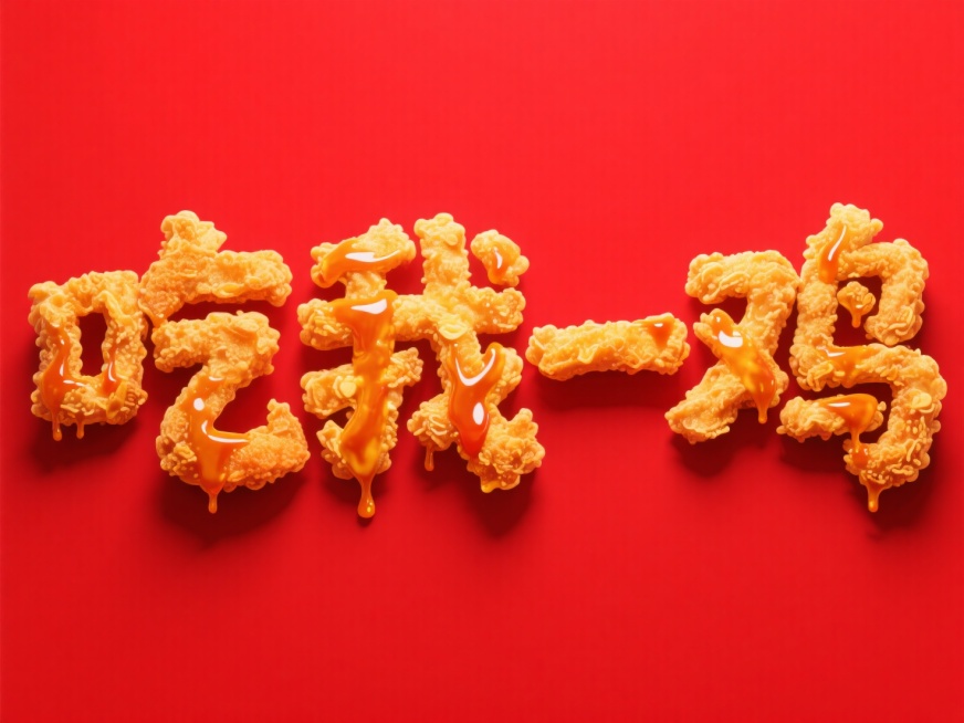 主体为刚出锅的炸鸡面衣质感的立体字“吃我一鸡"，表面酥脆，蘸着一些炸鸡酱，背景为红色预览效果