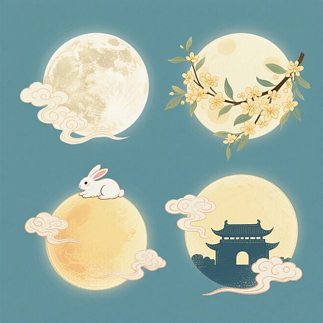 4个中秋满月素材，第1个（圆月+祥云环绕）；第2个（圆月周围点缀桂花）；第3个（月亮顶部趴着一只兔子）；第4个（月亮里有一个小宫殿剪影两边点缀祥云）。纯色背景，上下两行各2个，排列整齐