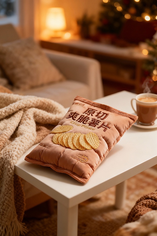 将图示商品变成充气羽绒质感，袋身有精致刺绣文字与图案，还原商品颜色细节。冬日居家场景