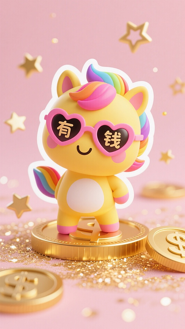 粉色背景上，戴墨镜的黄色独角兽站在金币上，周围有星星和 “有钱” 字样，充满童趣与财气