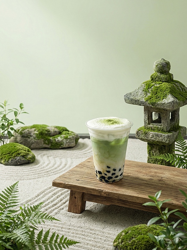 抹茶牛乳奶茶，放置在日式庭院枯山水场景的原木茶桌上，周围搭配苔藓石灯，撒落抹茶粉与蕨类绿植，柔光漫射，低饱和莫兰迪绿配色，干净通透质感，奶油奶盖绵密拉丝，极简留白设计，日系海报构图