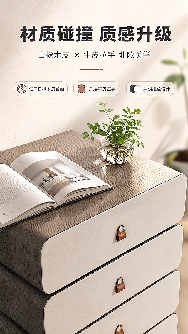 [商品] 使用【图1】DD-8816 六斗柜；保留六层抽屉结构、深灰木纹柜体+米白抽屉面板配色、棕色牛皮小拉手、整体竖长方比例、圆角台面；商品处理：保持产品结构与颜色完全一致，台面白橡木皮纹理做清晰化处理，牛皮拉手增强质感，不改变外形。
[画面] 页面目标：设计美学页，讲材质混搭与风格叙事；构图：上文下景，顶部1/3文案区，下方2/3产品特写场景；主体位置：下方居中偏右，六斗柜台面+上层抽屉特写，搭配一本打开的书和小绿植；主体占比：约60%；摆放角度：俯视45°角；景别：中近景；阅读动线：从上到下；前中后景：前景书与绿植、中景台面与上层抽屉、后景虚化暖白墙面。
[视觉] 套系策略：风格=现代简约北欧风商业摄影，亮色调；标题字=思源黑体粗体；正文字=思源黑体常规；主色=暖白+浅橡木棕；背景延展=基于暖白做深浅层级、同色渐变和细腻墙面/纸张质感；强调色=焦糖棕，仅用于小面积图标、引线和标签；标题色=深炭灰；正文色=中暖灰；组件=圆角浅底信息卡、细线引线、胶囊形卖点框；光影=顶部暖柔光，台面有柔和反光，整体明亮通透。
[文字] 顶部文案区：主标题「材质碰撞 质感升级」，副标题「白橡木皮 × 牛皮拉手 北欧美学」，3个短卖点：「进口白橡木皮台面」「头层牛皮拉手」「深浅撞色设计」，文字横排，移动端可读，不遮挡产品关键部位。
[规格] 图片比例9:16竖版，4K分辨率，淘宝/天猫详情页适配；避免变形、错字、文字过小、冷蓝背景、产品颜色改变、极限词。