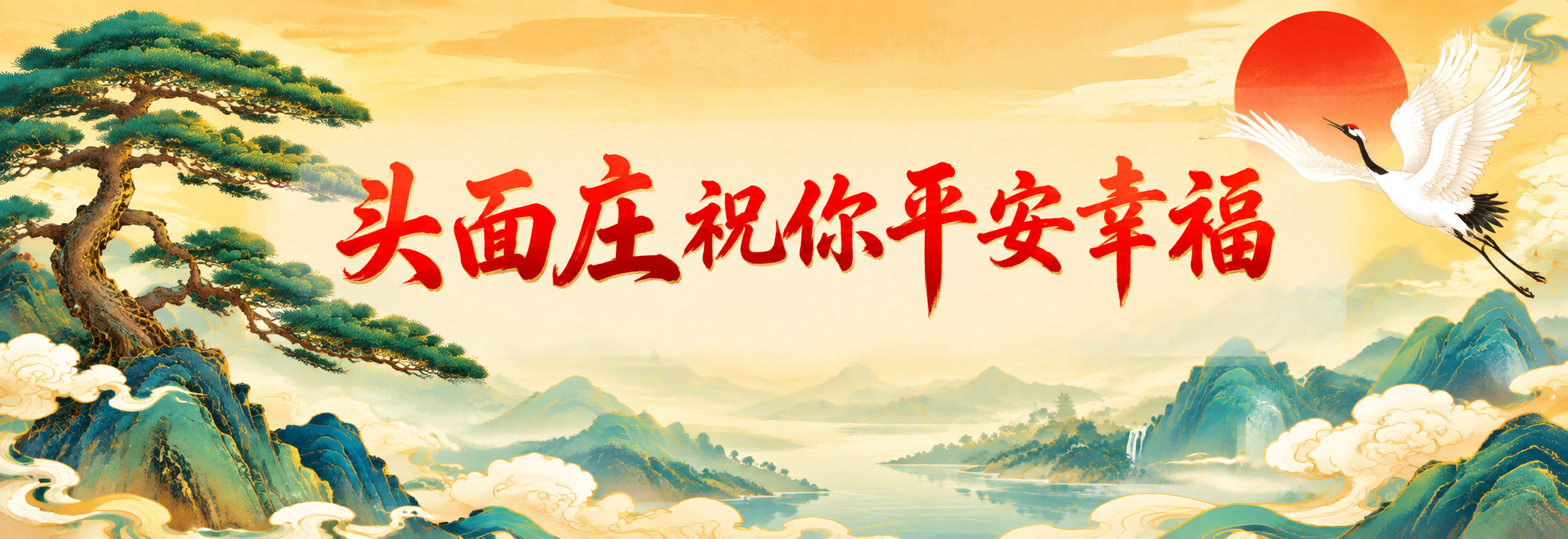 国潮风横幅插画，顶部左侧迎客松、右侧仙鹤红日，青绿色山水祥云背… - 图片创意预览