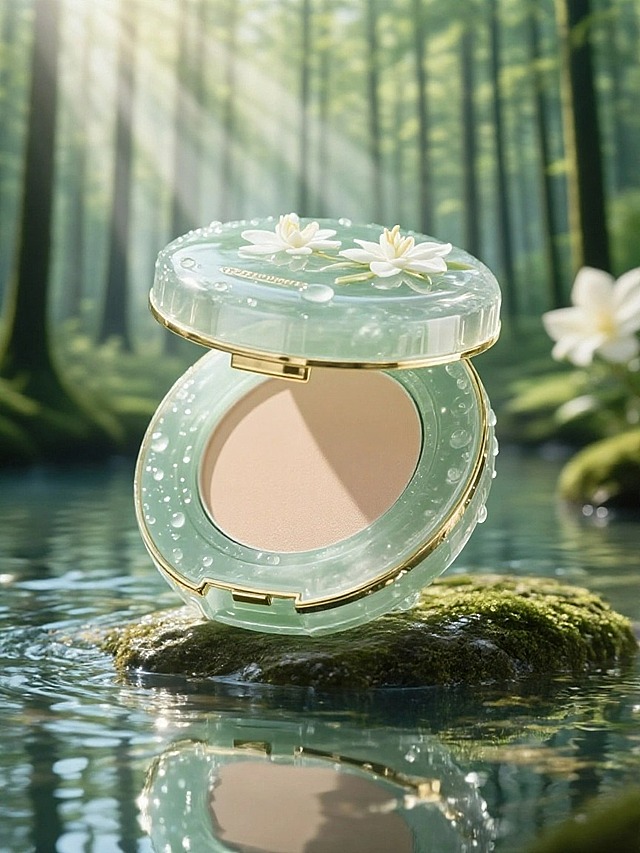 森林主题，有小溪倒影和栀子花，透明清爽的背景，光影，国风，景深