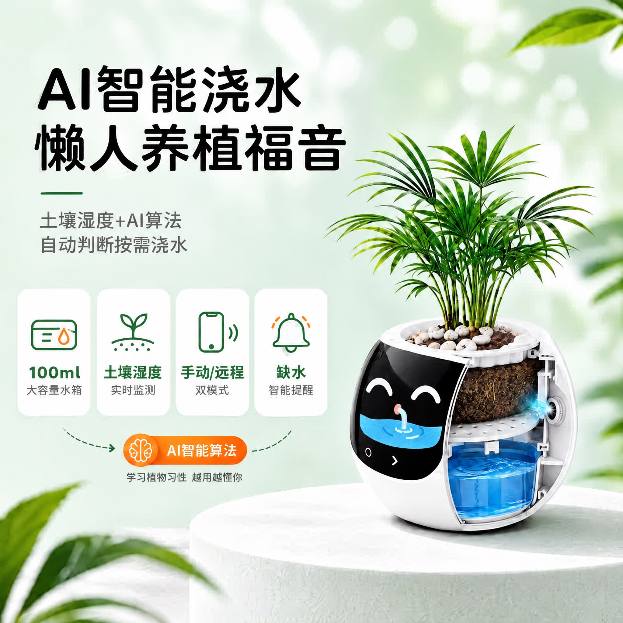 仅修改智能花盆黑色屏幕上的表情：严格使用图二的原始表情图案（弯… - 图片创意预览