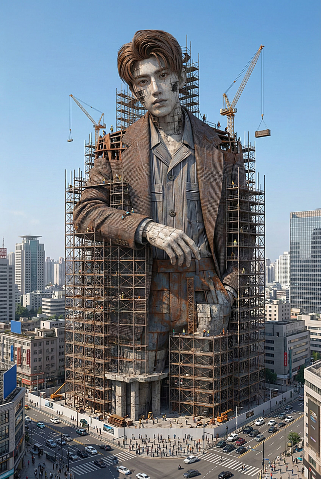 上传图中的人物主体，化身为现代城市中正在建设的巨型艺术雕塑装置。该巨型人物周围环绕着大面积脚手架，背景是澄澈蓝天与细节丰富的城市景观（包含街道、建筑、车辆，以及底座周围的渺小人群），整体画面超细节呈现，兼具真实纹理质感与超现实巨型艺术品美学风格。