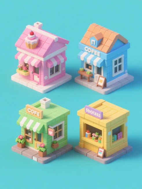 4个不同色彩主题的3D低多边形风格建筑模型系列，保持Q版可爱的等距视角、圆润边角、光滑材质和柔和高光效果，包含粉色系甜品屋、蓝色系咖啡馆、绿色系花店、黄色系书店，每个建筑具有独特的屋顶样式、门窗设计和配套小招牌，纯色背景，元素类目统一，规整网格排布，整体保持简洁明快的卡通氛围与一致的光影质感。预览效果