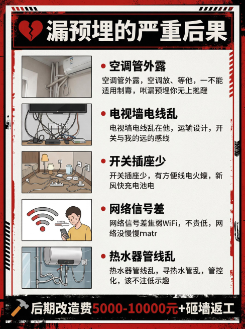 漏埋预埋管后果警示海报，标题为"💔 漏预埋的严重后果"，分点展示空调管外露、电视墙电线乱等5种后果，搭配对应负面场景图，底部突出"后期改造费5000-10000元+砸墙返工"的警示信息，整体风格以红预览效果