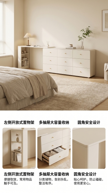 详情页第二屏：产品核心设计亮点展示，现代简约奶油风卧室场景。氛围：温馨干净高级感。画质：商业摄影质感，高清清晰。元素：采用上下排版，上半部分产品全景展示，下半部分三栏布局，每栏展示一个核心亮点：1.左预览效果