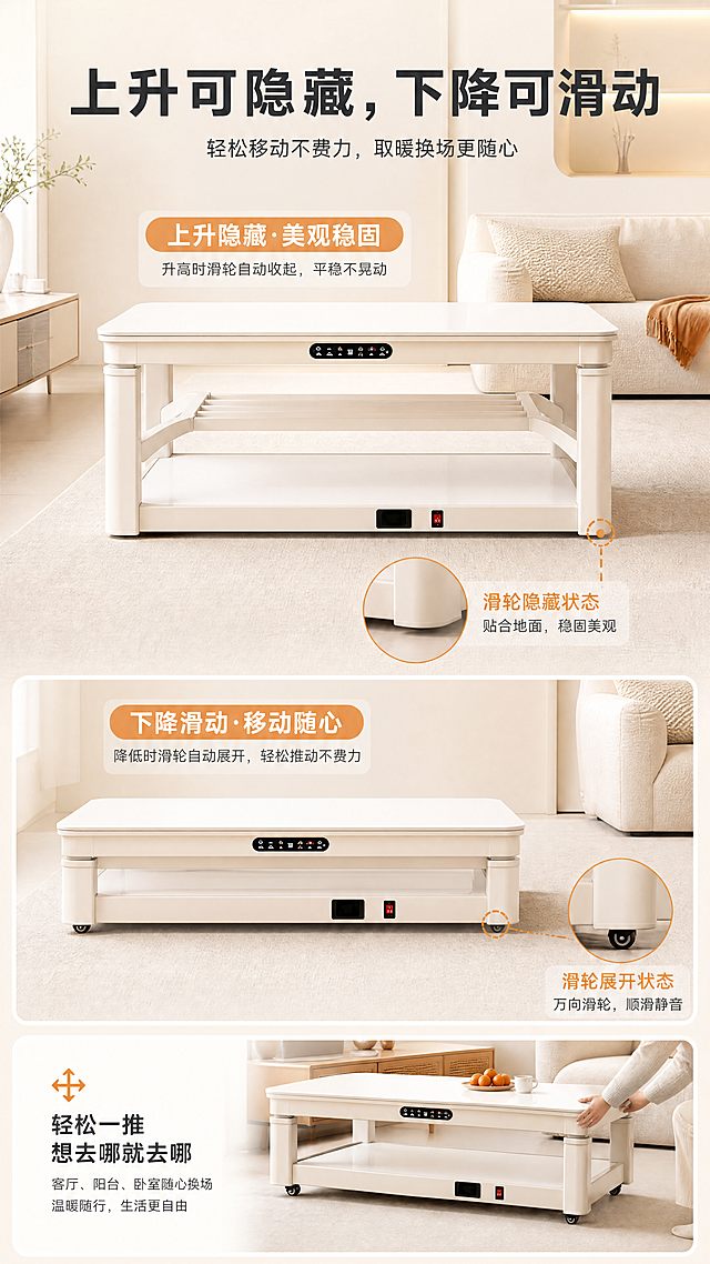 [商品] 使用【图1】麦虹智能升降取暖茶几；保留白色岩板桌面、米白色机身、升降柱的整体外观；新增底部万向滑轮细节展示，滑轮为隐藏式设计，上升时收起、下降时露出，不改变产品主体结构。
[画面] 页面目标：展示可升降万向滑轮的移动便捷性。构图：顶部标题区，中部上下对比，上方为滑轮隐藏状态（桌面升高、滑轮收起），下方为滑轮展开状态（桌面降低、滑轮露出可推动）；右下角配一个人物手部轻推桌子移动的场景小图。背景为家居室内场景。阅读动线：标题→滑轮隐藏状态→滑轮展开状态→移动场景。
[视觉] 套系策略：风格=现代简约家居商业摄影，温馨科技感；标题字=粗黑无衬线大字；正文字=简洁无衬线体；主色=暖白+米杏；背景延展=基于暖白米杏做深浅层级、同色渐变和细腻哑光质感；强调色=暖橙色，仅用于小面积图标、引线、标签高亮；标题色=深炭灰；正文色=中暖灰；组件=圆角浅底信息卡、细线引线、胶囊形卖点标签；光影=左前侧暖柔光，产品底部柔和投影。
[文字] 顶部主标题"上升可隐藏，下降可滑动"，副标题"轻松移动不费力，取暖换场更随心"；上方标注"上升隐藏·美观稳固"，下方标注"下降滑动·移动随心"；滑轮部位用引线和圆圈标注突出；文字均为横排。
[规格] 图片比例9:16竖版，4K，负向提示：避免变形、错字、文字过小、冷蓝背景、产品颜色改变、结构失真、极限词、水印、二维码。