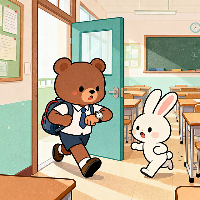 Modern flat animation style, bright soft pastel tones, with a little noise texture. Cute cartoon elementary school student characters, bright clean cartoon classroom scene, medium shot composition, highlight the main action, clean lines, high detail, no complex background, no text. A little bear with a schoolbag looks at his watch hurriedly at the classroom door, urging a little rabbit to hurry up