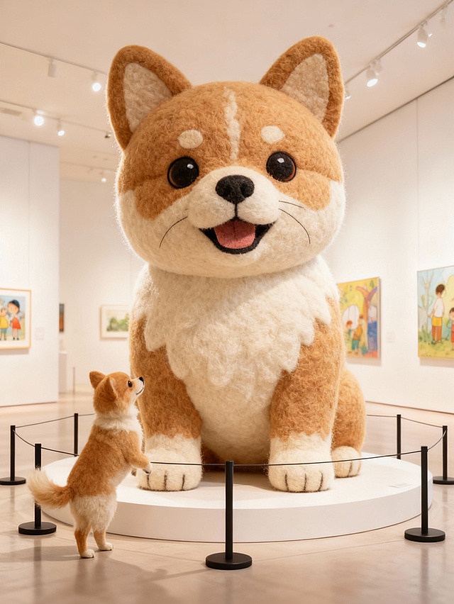 把图片主体做成充满创意和梦幻色彩的绘本风格的巨型毛毡艺术卡通风格雕塑放置在画面中心（主体的穿搭保持不变），主体站在一旁欣赏（与巨型主体形成比例反差），围栏隔离展示，背景是明亮的艺术展厅