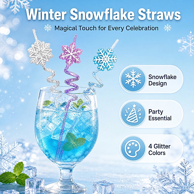 [主图-2] 核心卖点图，突出冰雪雪花造型与派对装饰价值。
[统一基调] 浅冰蓝渐变背景，整体冰雪梦幻洁净风格，标题用白色粗体无衬线字体，辅助文字用深灰蓝色，图标用白色描边冰蓝填充，卡片用半透明白色圆角矩形。
[画面] 画面中央偏左位置，3根雪花螺旋吸管（银、紫、蓝）以不同角度斜插在一杯装满蓝色冰饮的透明高脚杯中，吸管顶部的雪花装饰露出杯口，姿态生动不呆板，杯中有冰块和薄荷叶点缀。右侧有3个圆形图标卖点卡，从上到下排列：第一个图标是雪花图案配文字"Snowflake Design"，第二个图标是派对帽图案配文字"Party Essential"，第三个图标是调色板图案配文字"4 Glitter Colors"。产品主体占画面约60%，整体构图饱满有层次。
[光影质感] 明亮自然光感，主光从左侧来，杯身有通透反光，吸管闪粉有细碎光泽，冰块有晶莹剔透感，阴影柔和，整体清新梦幻。
[配色] 浅冰蓝渐变背景为主，白色、冰蓝色、深灰蓝色文字，产品四色自然呈现。
[文字版式] 顶部大标题"Winter Snowflake Straws"，副标题"Magical Touch for Every Celebration"，右侧3个图标配短英文说明，文字清晰易读，不遮挡产品主体。
[输出要求] 1:1比例，2048x2048，产品外观与原图一致，文字清晰，画面干净，无变形、错字、模糊、水印、平台Logo。
